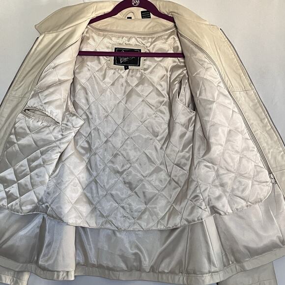 Women Leather Jacket Cream Genuine Leather Moto Zip In/Out Lining Pockets SZ L - Picture 7 of 14